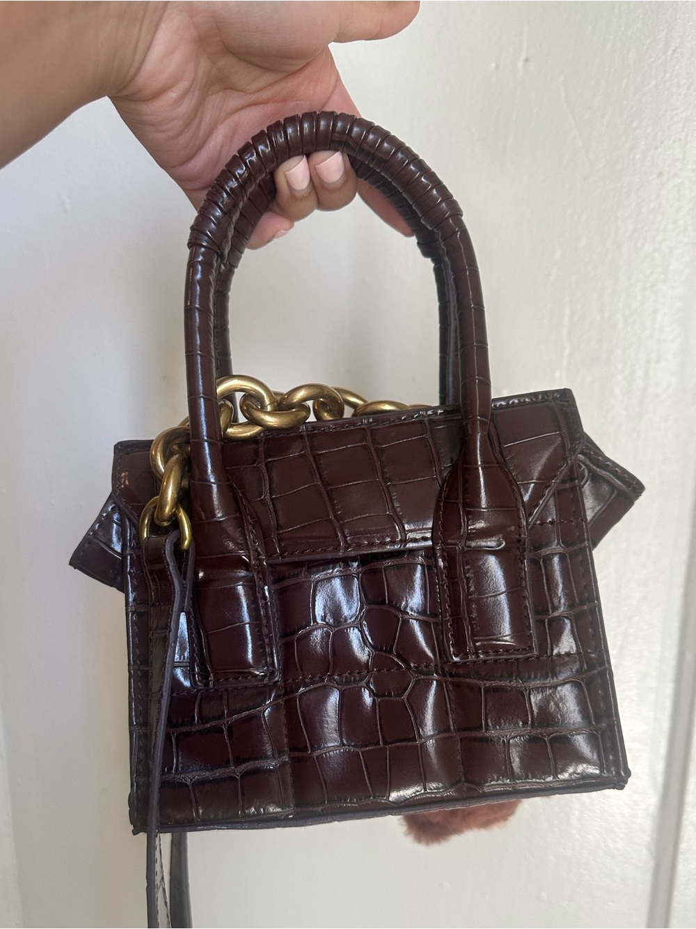 Zara Dark Brown Croc-Embossed Top-Handle Bag